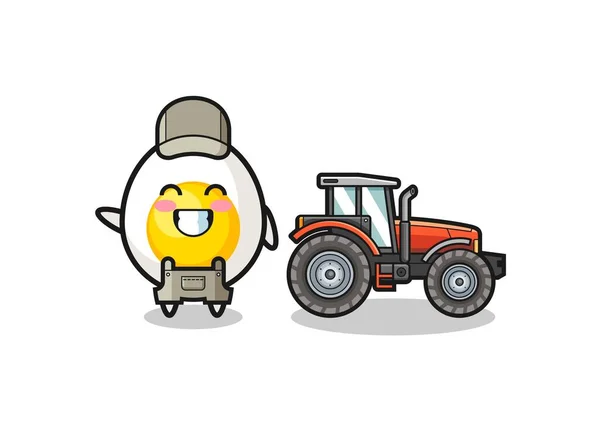 Mascota Del Granjero Huevo Hervido Pie Junto Tractor Lindo Diseño — Archivo Imágenes Vectoriales