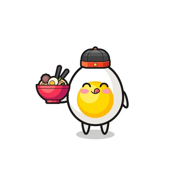 煮熟的鸡蛋作为中国厨师吉祥物 拿着一个面条碗 可爱的设计 — 图库矢量图片