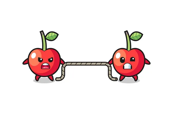 Cute Cherry Character Playing Tug War Game Cute Design — Stock Vector