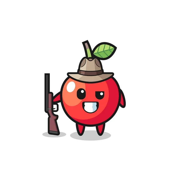 Cherry Hunter Mascot Holding Gun Cute Design — Stock Vector