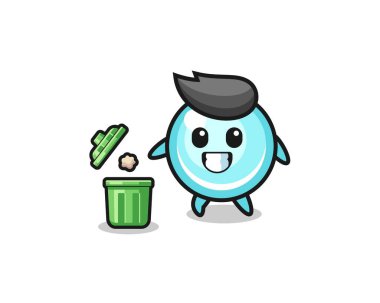 Çöp kutusuna çöp atan baloncuğun çizimi, şirin tasarım.