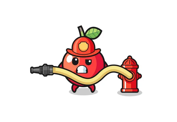 Cherry Cartoon Firefighter Mascot Water Hose Cute Design — Stock Vector