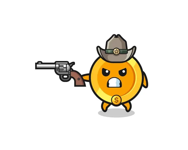 Dollar Coin Cowboy Shooting Gun Cute Design — Stock Vector