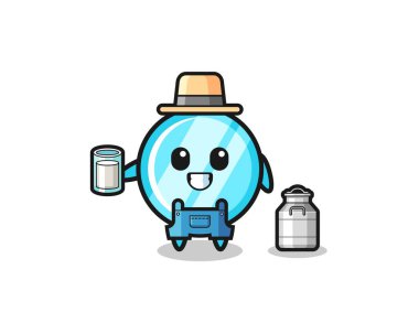 Süt çiftçisi rolünde ayna karikatürü, şirin tasarım.