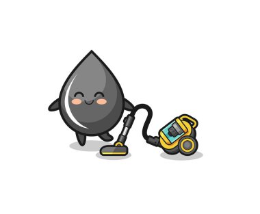 Sevimli yağ damlası elinde elektrikli süpürge çizimi, şirin tasarım