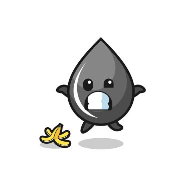 Yağ damlası karikatürü muz kabuğunda kayıyor, şirin bir tasarım.