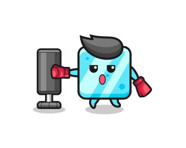 Buz küpü boksör çizgi filmi kum torbasıyla antrenman yapıyor, şirin tasarım.