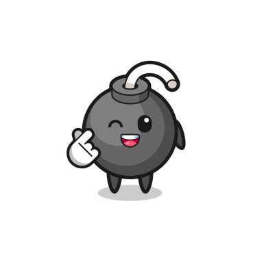 bomba karakteri Korece parmak kalbi yapıyor, şirin tasarım.