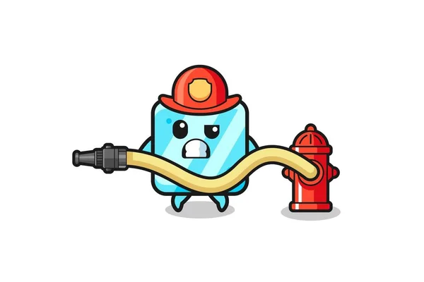 Ice Cube Cartoon Firefighter Mascot Water Hose Cute Design — Stock Vector