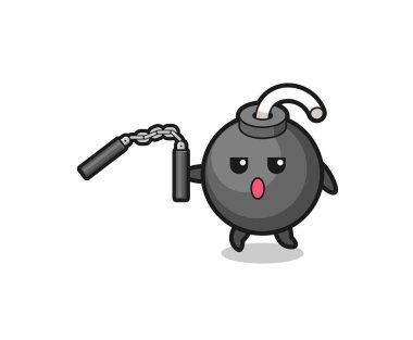 Nunchaku kullanan bomba karikatürü, şirin tasarım.