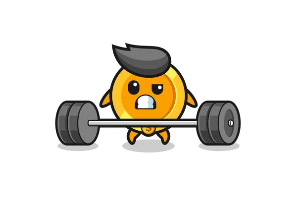 Cartoon Dollar Coin Lifting Barbell Cute Design — Stock Vector