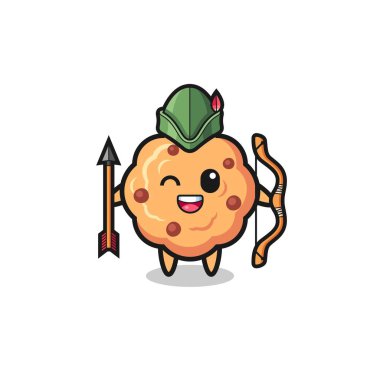 Ortaçağ okçu maskotu rolünde çikolatalı kurabiye karikatürü, şirin tasarım.