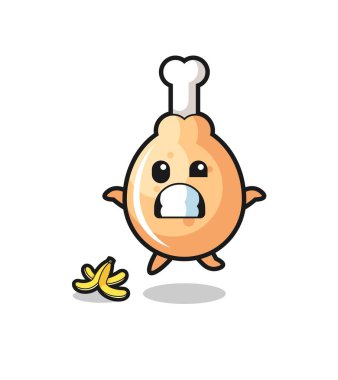 Kızarmış tavuk çizgi filmi muz kabuğunda kayar, şirin bir tasarım.