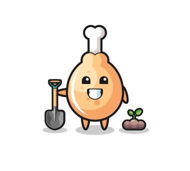 Sevimli kızarmış tavuk çizgi filmi ağaç tohumu ekiyor, şirin tasarım.