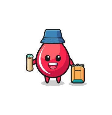 Yürüyüşçü olarak kan damlası maskotu karakteri, şirin bir tasarım.