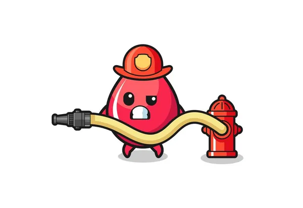 Blood Drop Cartoon Firefighter Mascot Water Hose Cute Design — Stock Vector