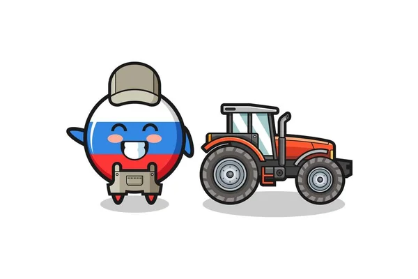 Orosz Zászló Farmer Kabala Áll Egy Traktor Mellett Aranyos Design — Stock Vector