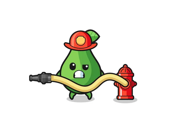 Avocado Cartoon Firefighter Mascot Water Hose Cute Design — Stock Vector