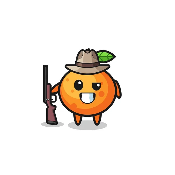 Mandarine Orange Chasseur Mascotte Tenant Pistolet Design Mignon — Image vectorielle