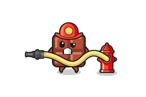 Chocolate Bar Cartoon Firefighter Mascot Water Hose Cute Design — Stock Vector