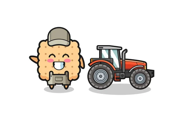 Mascotte Fermier Craquelin Debout Côté Tracteur Design Mignon — Image vectorielle