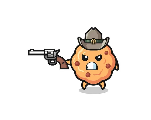 Chocolate Chip Cookie Cowboy Shooting Gun Cute Design — Stock Vector