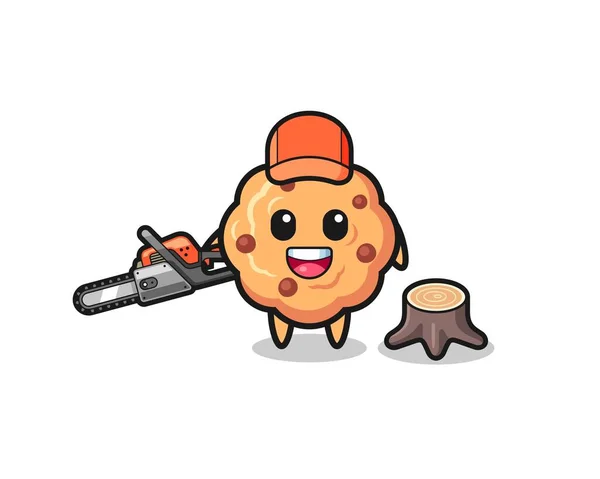 Chocolate Chip Cookie Lumberjack Character Holding Chainsaw Cute Design — Stock Vector