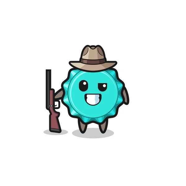 Bottle Cap Hunter Mascot Holding Gun Cute Design — Stock Vector