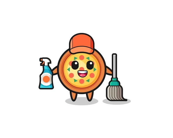 Χαριτωμένο Χαρακτήρα Πίτσα Υπηρεσίες Καθαρισμού Μασκότ Χαριτωμένο Σχεδιασμό — Διανυσματικό Αρχείο
