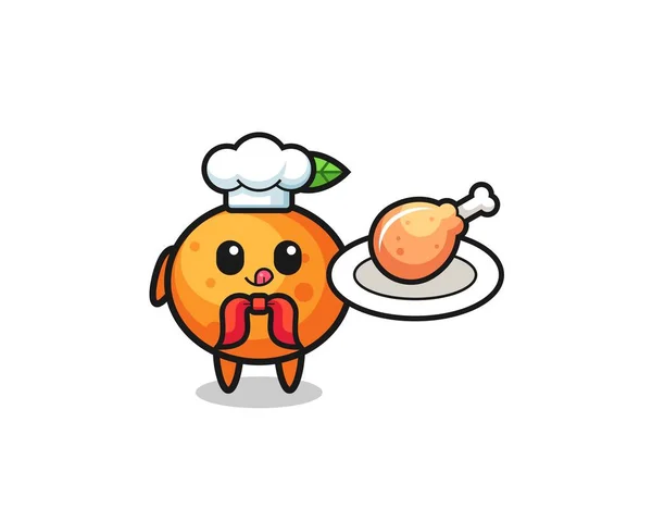 Mandarín Naranja Frito Pollo Chef Personaje Dibujos Animados Lindo Diseño — Vector de stock