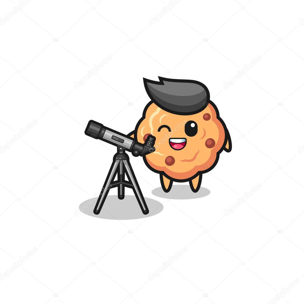 chocolate chip cookie astronomer mascot with a modern telescope , cute design