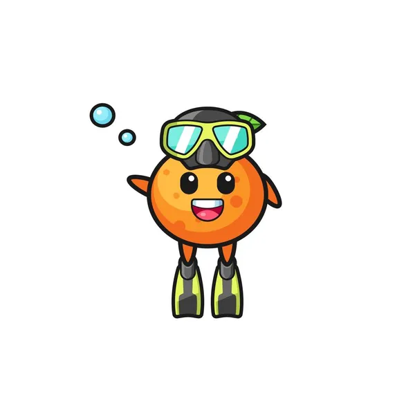 Personaje Dibujos Animados Mandarín Naranja Buzo Lindo Diseño — Vector de stock