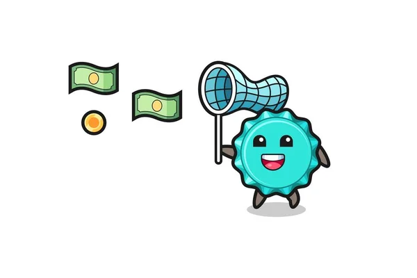 Illustration Bottle Cap Catching Flying Money Cute Design — Stock Vector