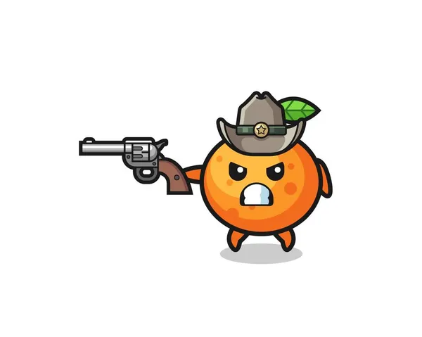 Vaquero Naranja Mandarín Disparando Con Arma Lindo Diseño — Vector de stock