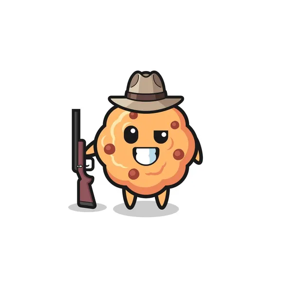 巧克力饼干猎人吉祥物拿着枪 可爱的设计 — 图库矢量图片