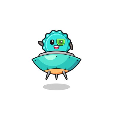 Şişe kapağı çizgi filmi geleceğin uzay gemisine biniyor, şirin bir tasarım.