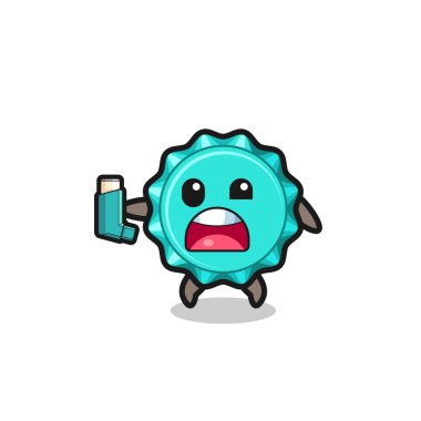 Şişe kapağı maskotunun astımı vardı. Astım spreyini tutarken, şirin bir tasarım.