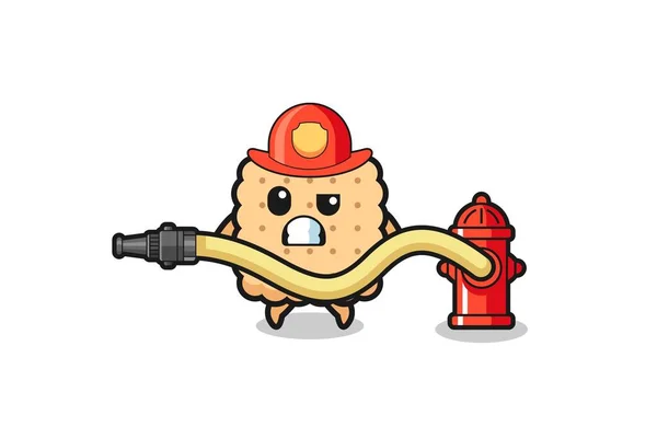 cracker cartoon as firefighter mascot with water hose , cute design