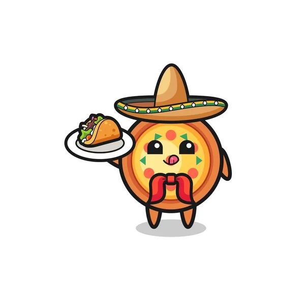 Pizza Mascote Chef Mexicano Segurando Taco Projeto Bonito — Vetor de Stock