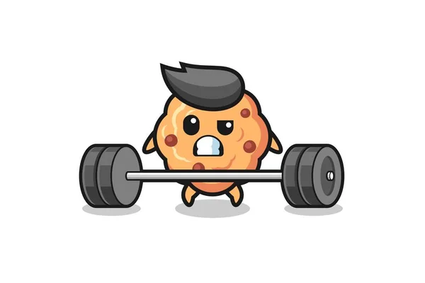 Cartoon Chocolate Chip Cookie Lifting Barbell Cute Design — Stock Vector