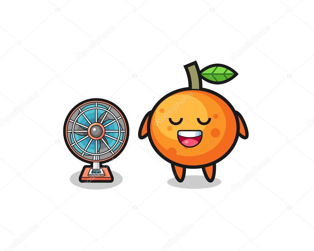 cute mandarin orange is standing in front of the fan , cute design