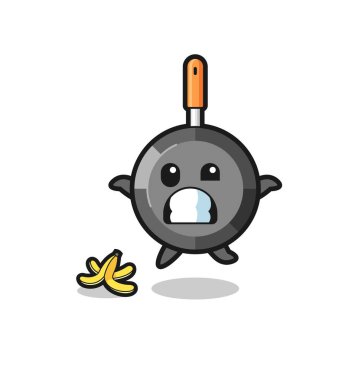 Kızartma tava karikatürü muz kabuğunda kayıyor, şirin bir tasarım.