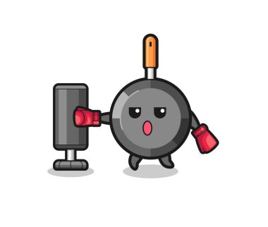 Kızarmış tava boksörü çizgi filmi. Kum torbasıyla antrenman yapıyor. Sevimli tasarım.