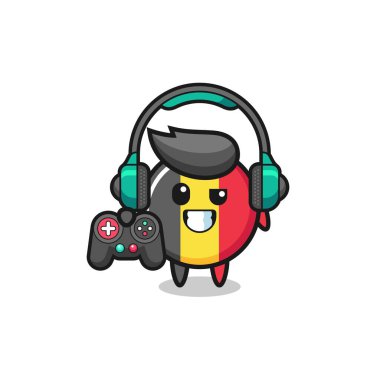Belçika bayraklı oyuncu maskotu elinde oyun kumandası, şirin tasarım