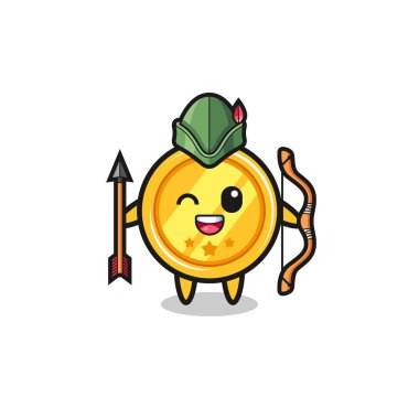 Orta çağ okçu maskotu olarak madalyalı karikatür, şirin tasarım.