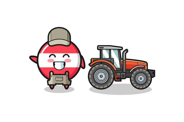 Mascota Agricultor Austria Bandera Pie Junto Tractor Lindo Diseño — Vector de stock