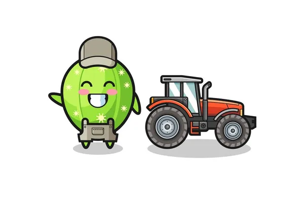 Mascota Del Agricultor Cactus Pie Junto Tractor Lindo Diseño — Vector de stock