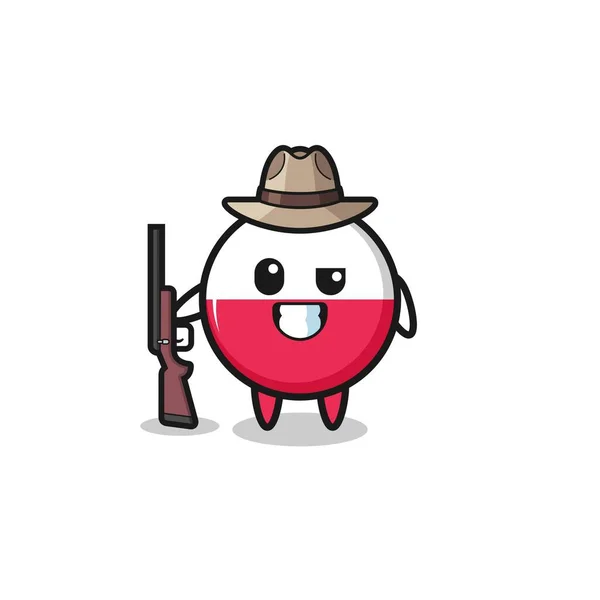 波兰国旗猎人吉祥物拿着枪 可爱的设计 — 图库矢量图片