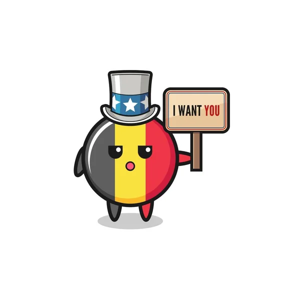 Dibujo Animado Bandera Bélgica Como Tío Sam Sosteniendo Pancarta Quiero — Vector de stock