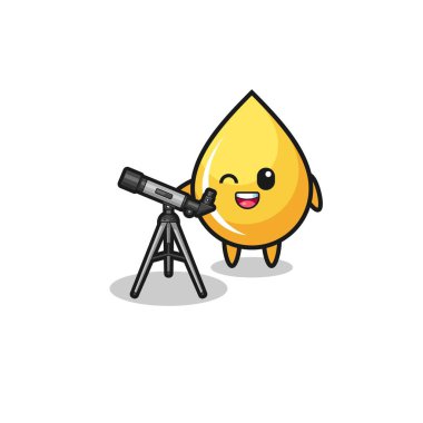 Bal damlası astronom maskotu, modern bir teleskop, şirin bir tasarım